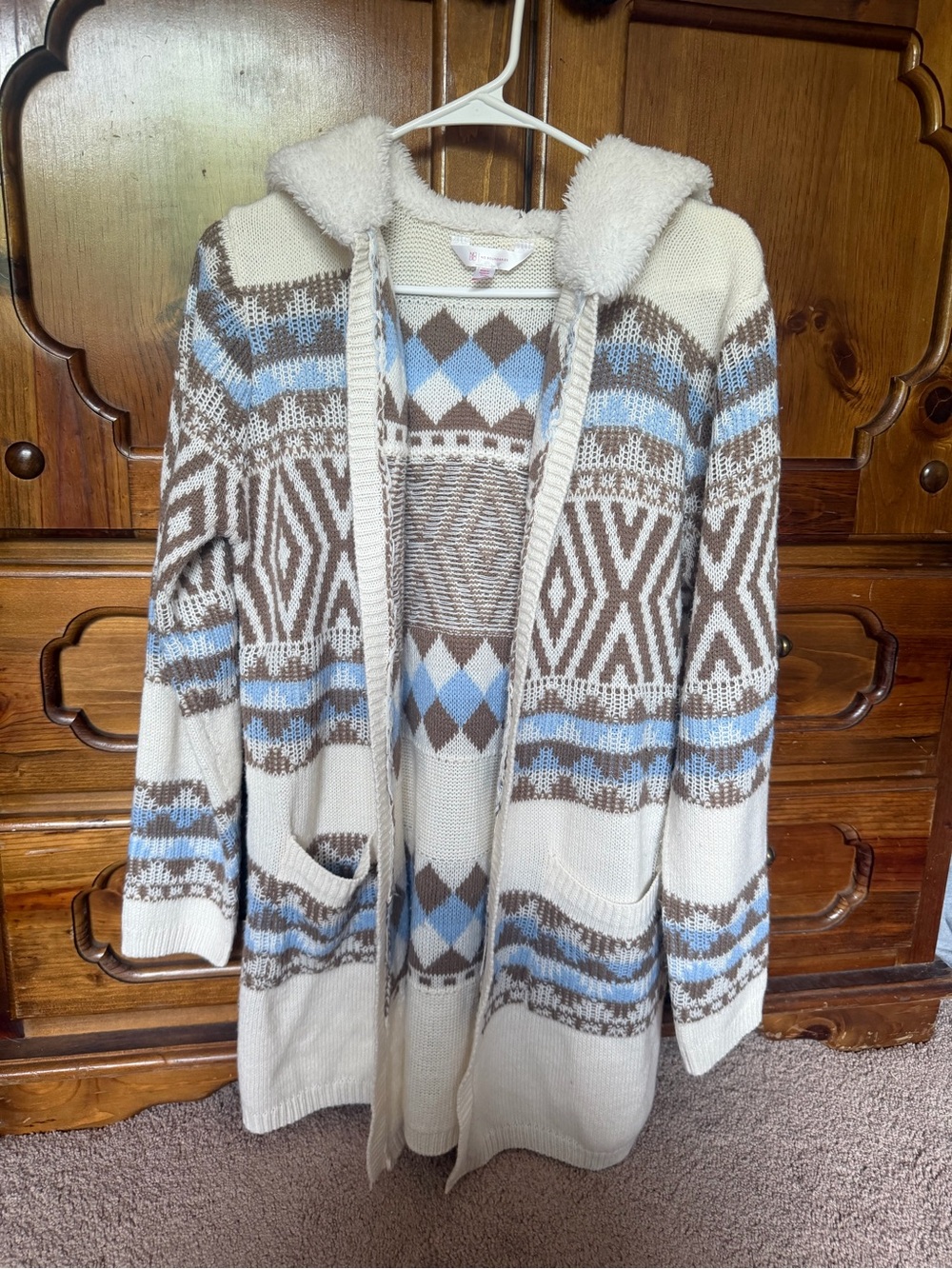 No Boundaries Hooded Aztec Knit Cardigan in Cream, Brown & Light Blue